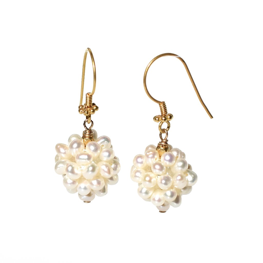 18k Solid Yellow Gold Pearl Beaded Drop Dangle Earrings